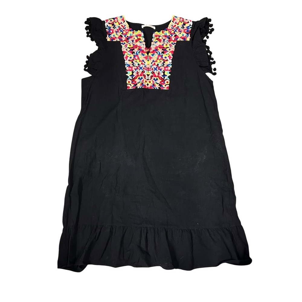 Kirundo Pom Pom Sleeve Shift Dress Women’s XL Black with‎ multicolor Embroidery